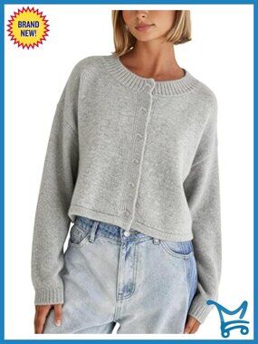 Women's Cropped Knit Cardigan Button Down Crew Neck Long Sleeve Sweater